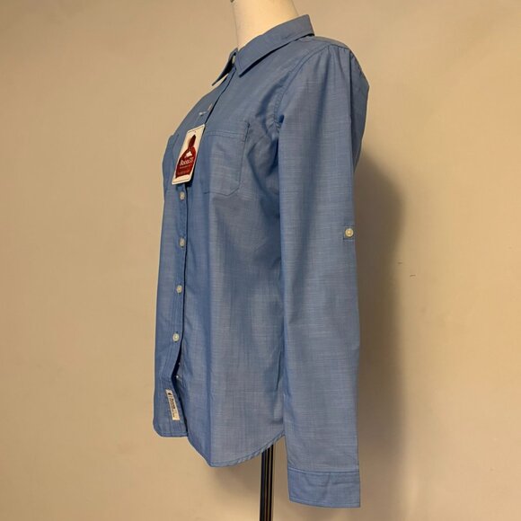 Women Roots 73 Blue Small Petite Western Style Button Up Shirt Roll Tab Sleeve - Picture 2 of 12
